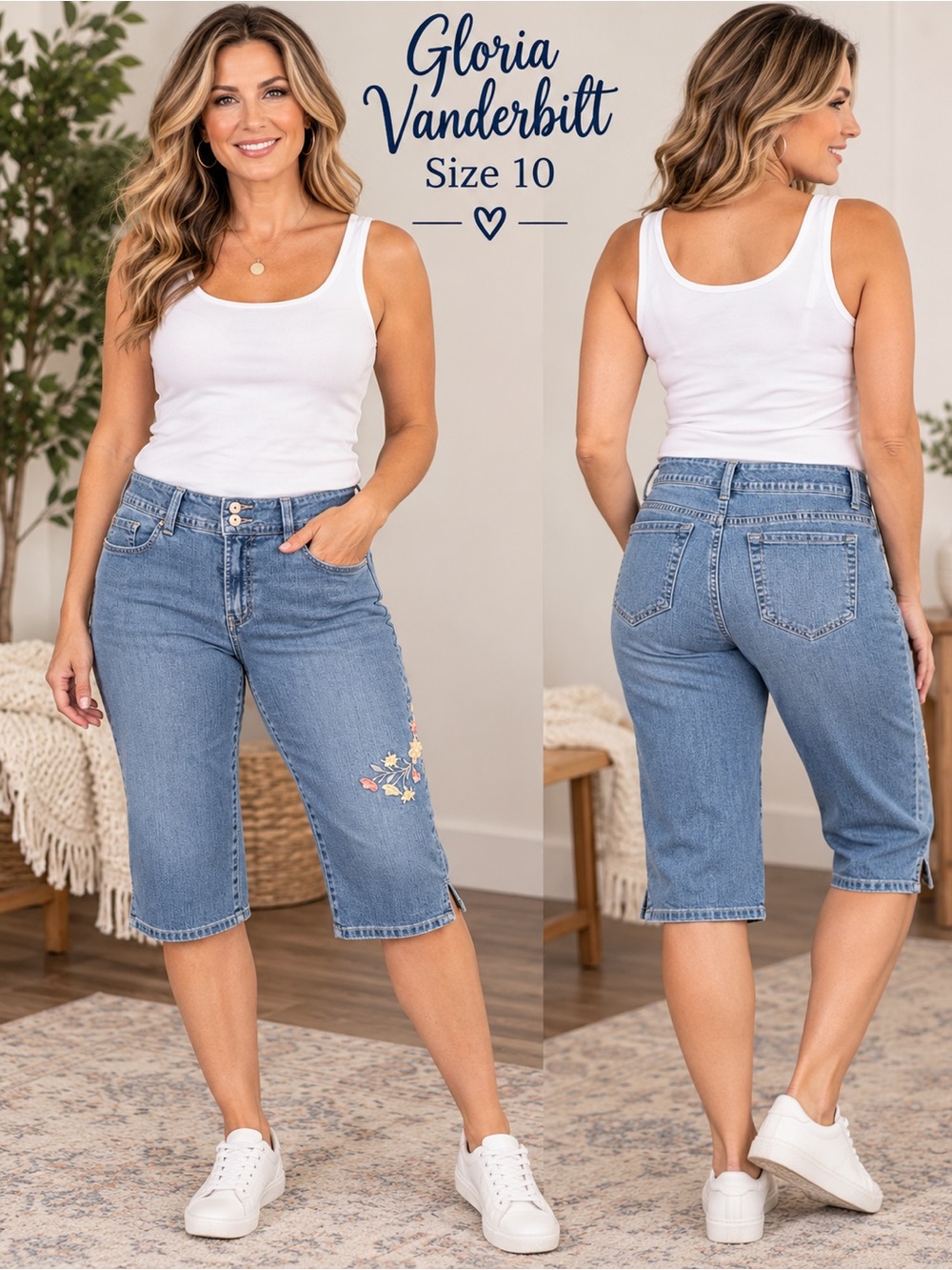 Gloria Vanderbilt Size 10 Stretch Embroidered Denim Skimmer Capri Jeans NWT